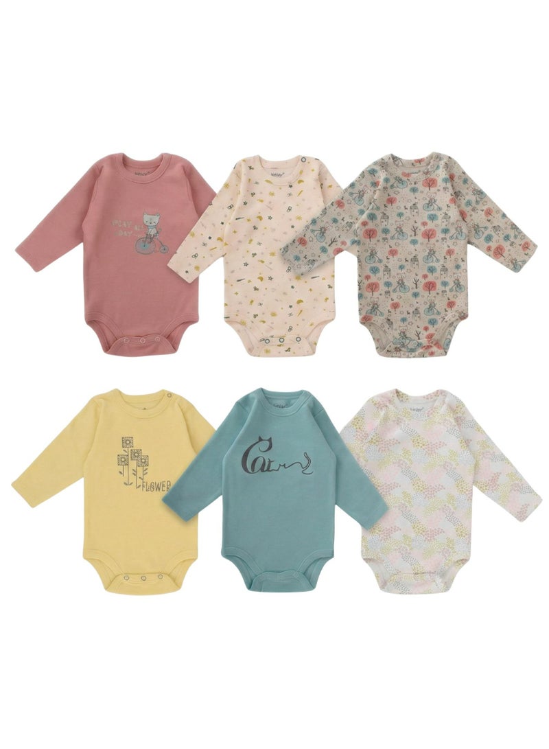 جونيور ملابس داخلية بأكمام طويلة للأطفال الرضع، عبوة من 6 قطع، تصاميم متعددة، قطن 100% - للبنات - Image 1